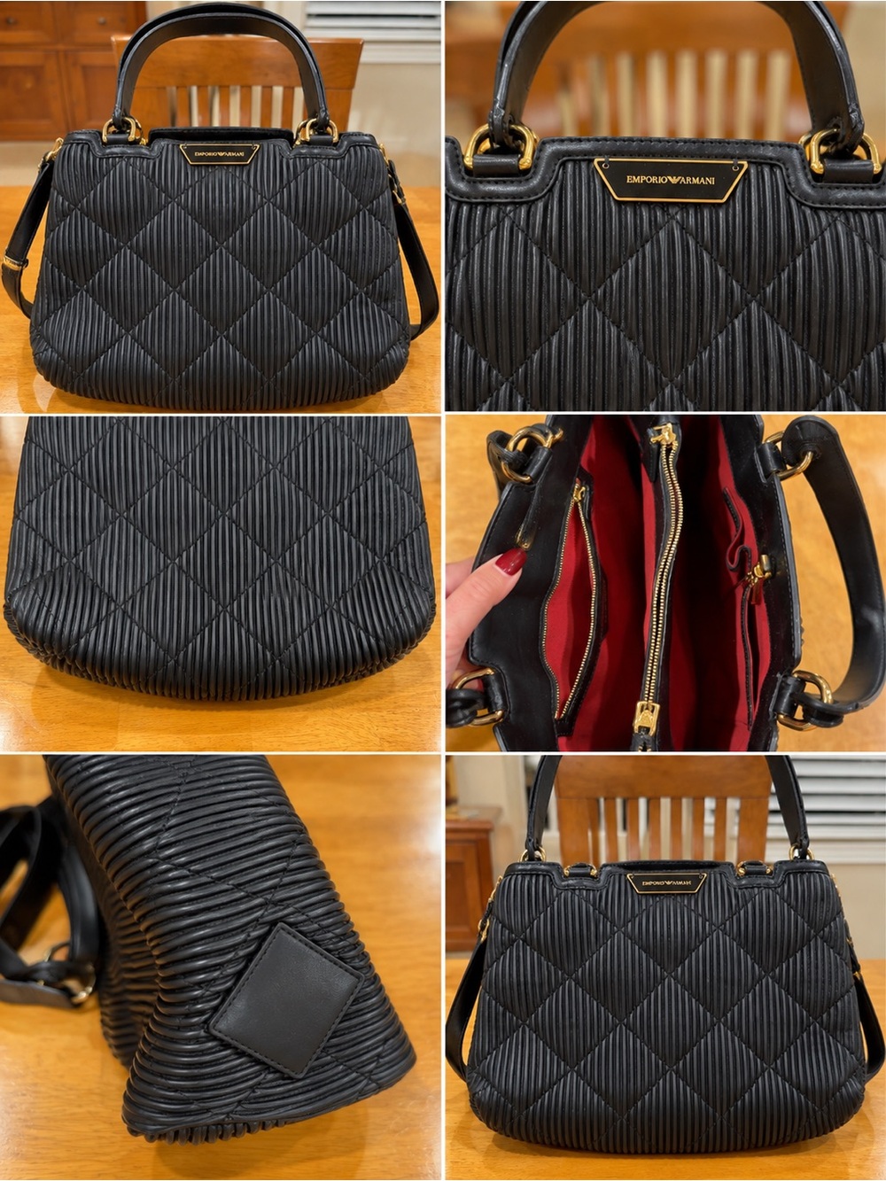 Emporio Armani Black Quilted Top-Handle Satchel with Red Interior